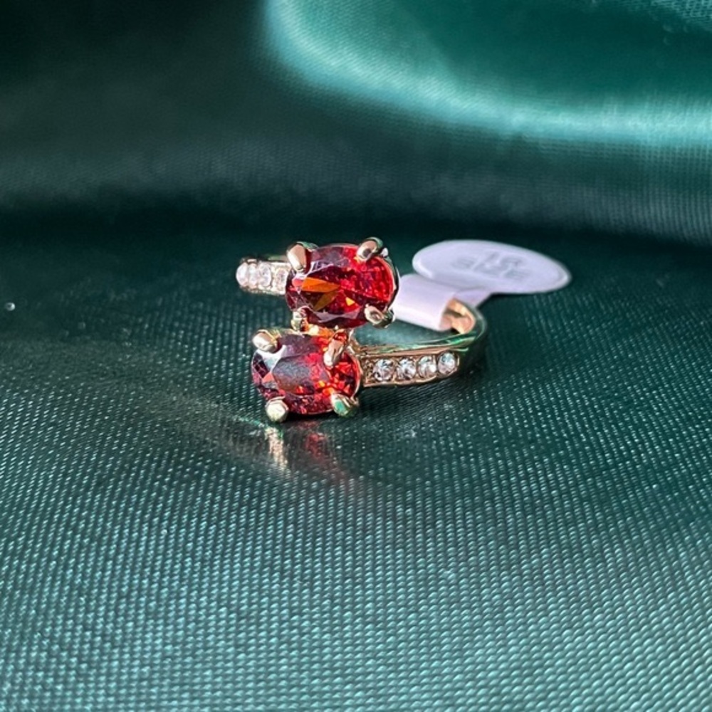 Gold Alloy Ring With Clear And Red Gems